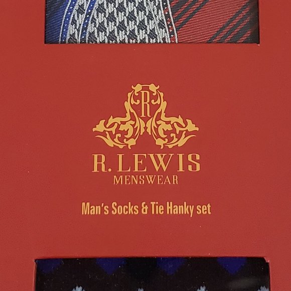 Robert Lewis Blue Neck Tie Hanky Socks Box 3 Set - Picture 8 of 8